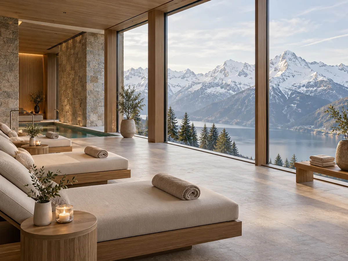 Eleganter Spa-Bereich mit grossen Fenstern und Bergblick in einem Grandhotel in Interlaken