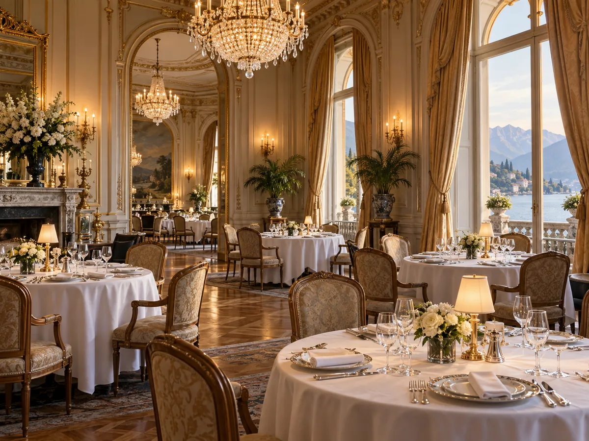 Historischer Speisesaal eines Belle-Époque-Grandhotels mit gedeckten Tischen und Kronleuchtern