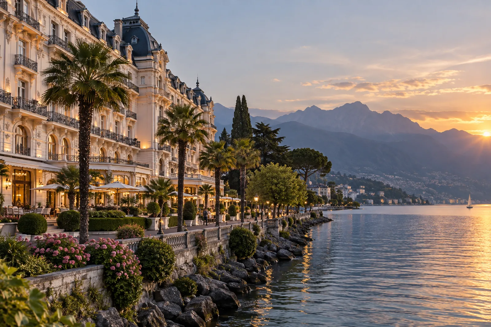 Belle-Époque-Fassade des Montreux Palace an der Genfersee-Uferpromenade