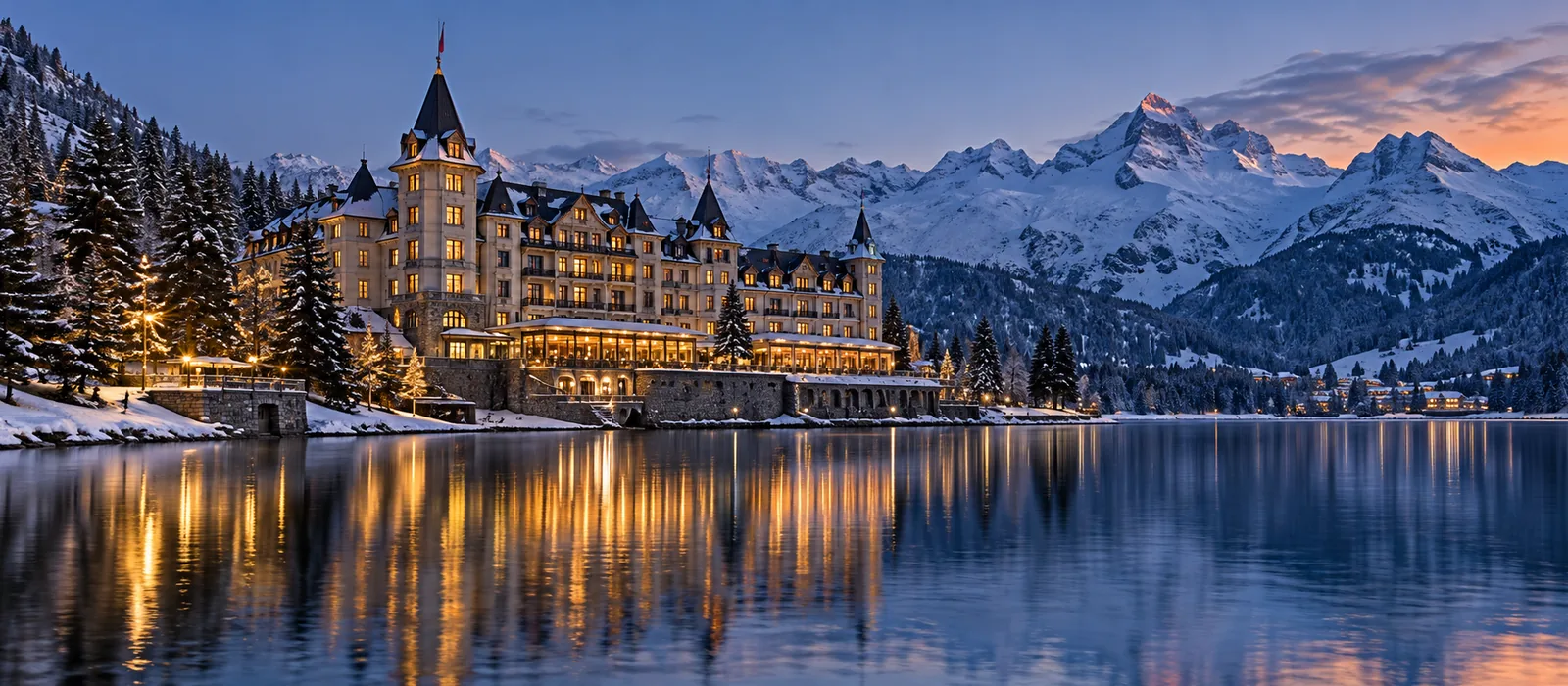 Badrutt's Palace Hotel in St. Moritz mit Turmfassade über dem zugefrorenen St. Moritzersee, Bergpanorama im Hintergrund