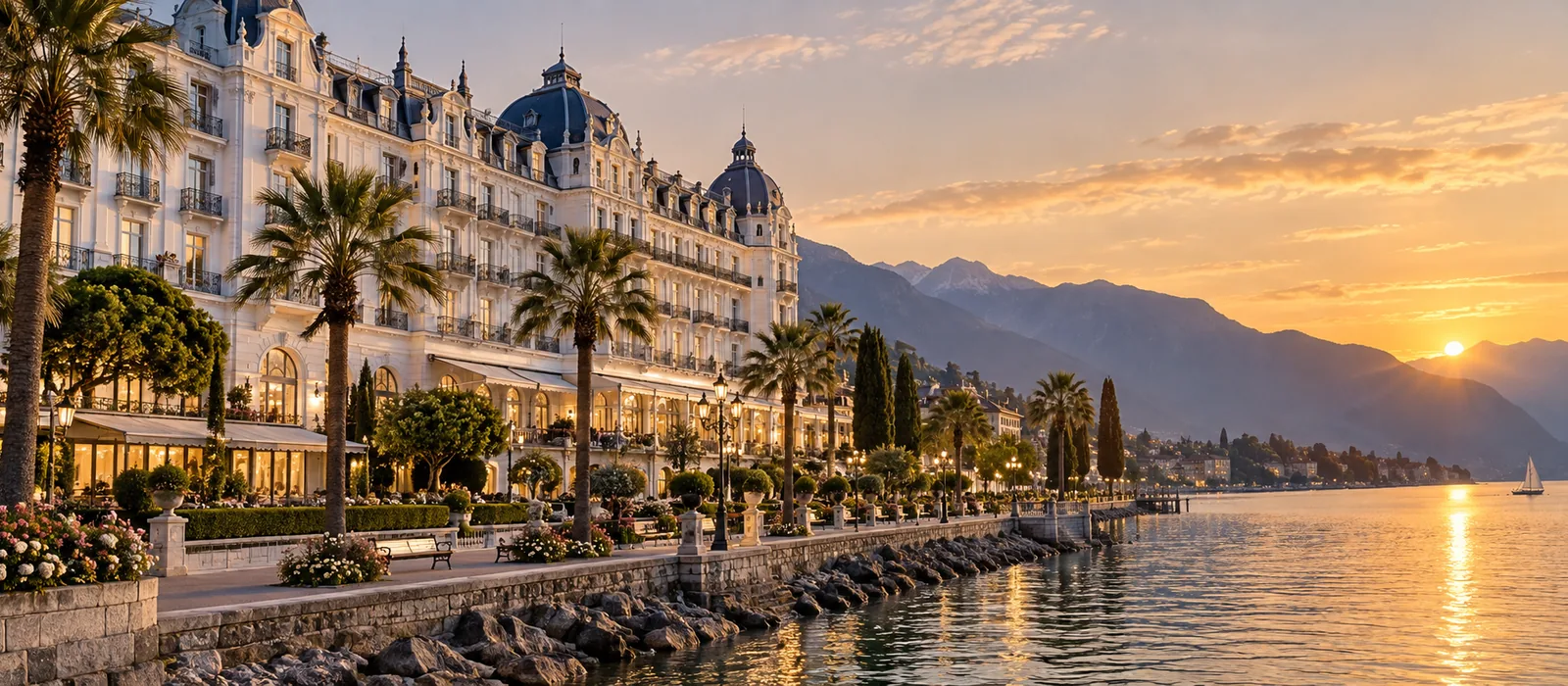 Das Montreux Palace Hotel mit klassizistischer Belle-Époque-Fassade direkt am Genfersee, Palmen an der Promenade