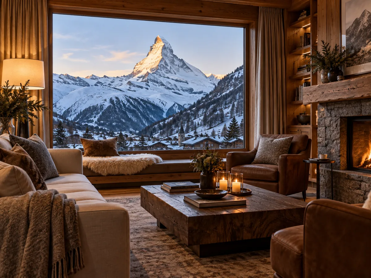 Gepflegtes Berghotel-Interieur mit Holzvertäfelung und Panoramafenster zum Matterhorn