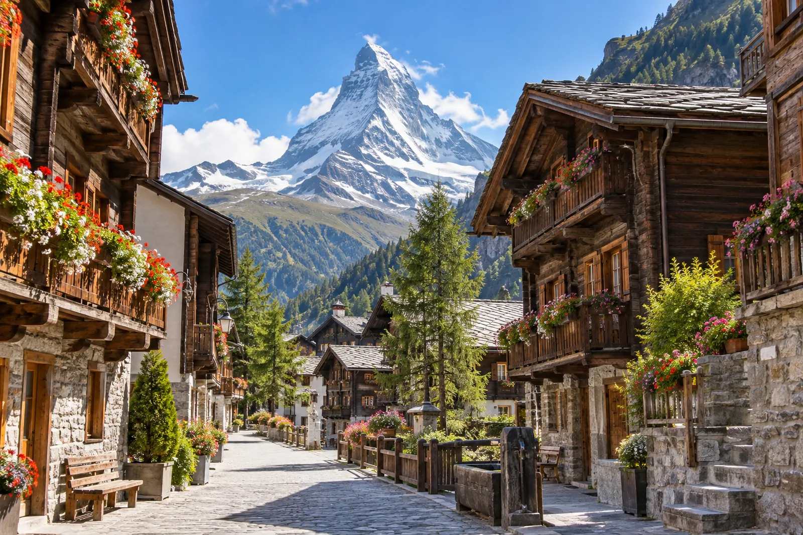 Autofreie Dorfstrasse von Zermatt mit Blick auf das Matterhorn