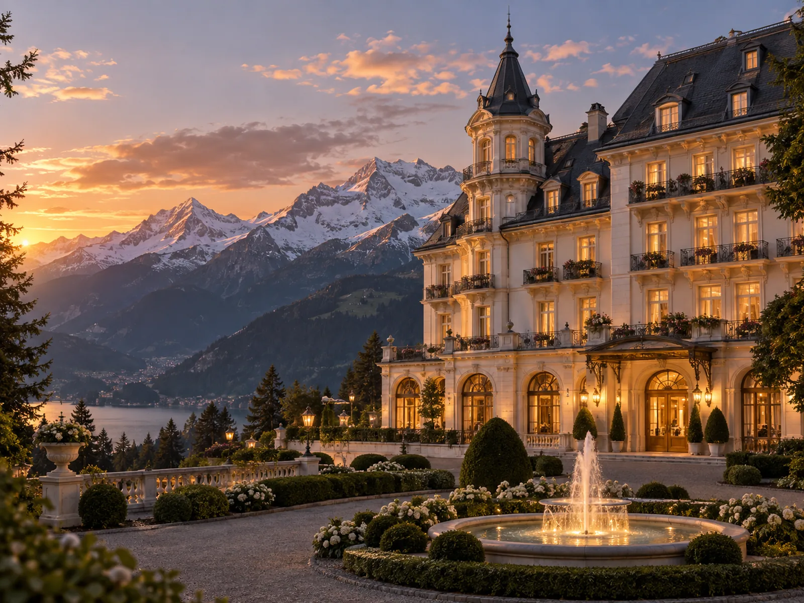 Historische Fassade eines Schweizer Grandhotels mit Turmarchitektur vor Bergpanorama, Abendlicht