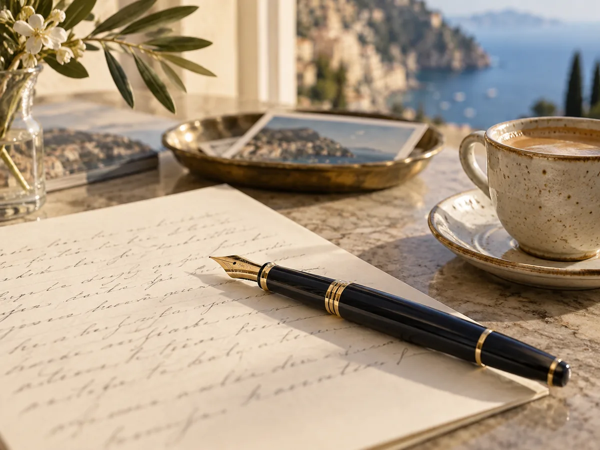Ein eleganter Füllfederhalter auf handgeschriebenem Briefpapier neben einer Tasse Kaffee