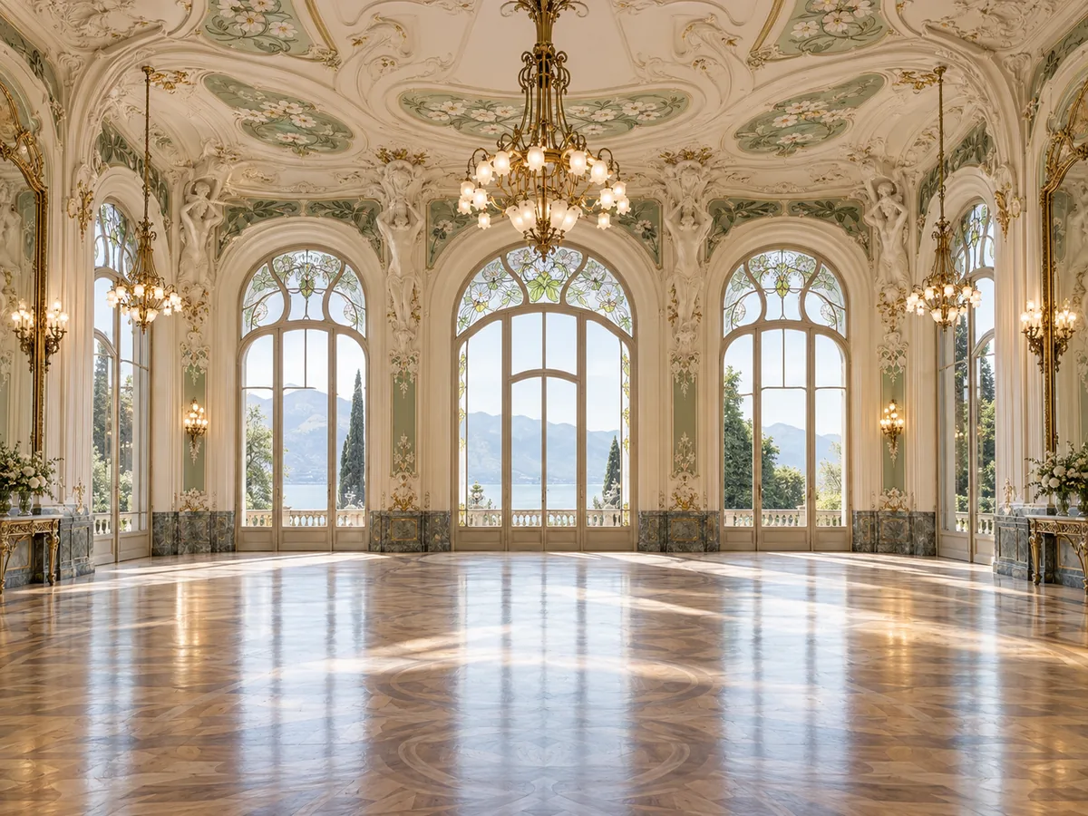 Kunstvoller Art-Nouveau-Ballsaal mit hohen Fenstern und Stuckdecke in einem Belle-Époque-Grandhotel