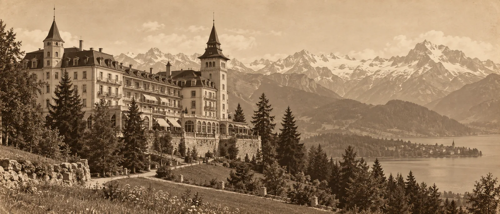 Historische Postkartenansicht eines Schweizer Grandhotels mit Turmarchitektur, Bergpanorama im Hintergrund, sepiafarbene Stimmung