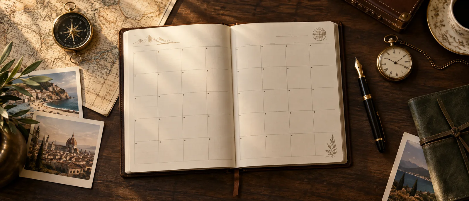 Ein aufgeschlagener Reisekalender neben einem eleganten Füllfederhalter und einer Uhr auf einem Holzschreibtisch