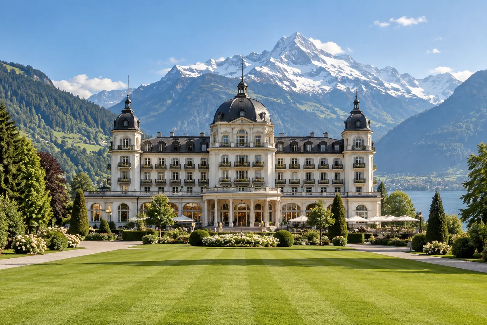 Kuppelbekrönte Fassade des Victoria-Jungfrau Grand Hotels in Interlaken mit Blick auf die Jungfrau