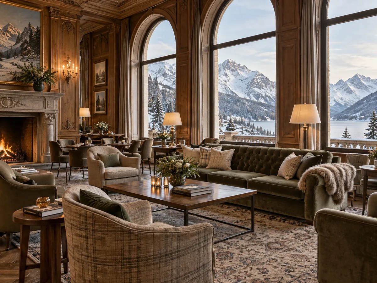 Eleganter historischer Hotelsalon mit hohen Fenstern und Bergblick, Winterlicht