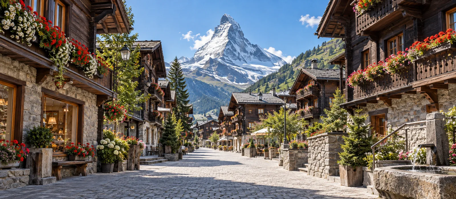Autofreie Dorfstrasse von Zermatt mit traditionellen Walliser Holzhäusern und dem Matterhorn im Hintergrund