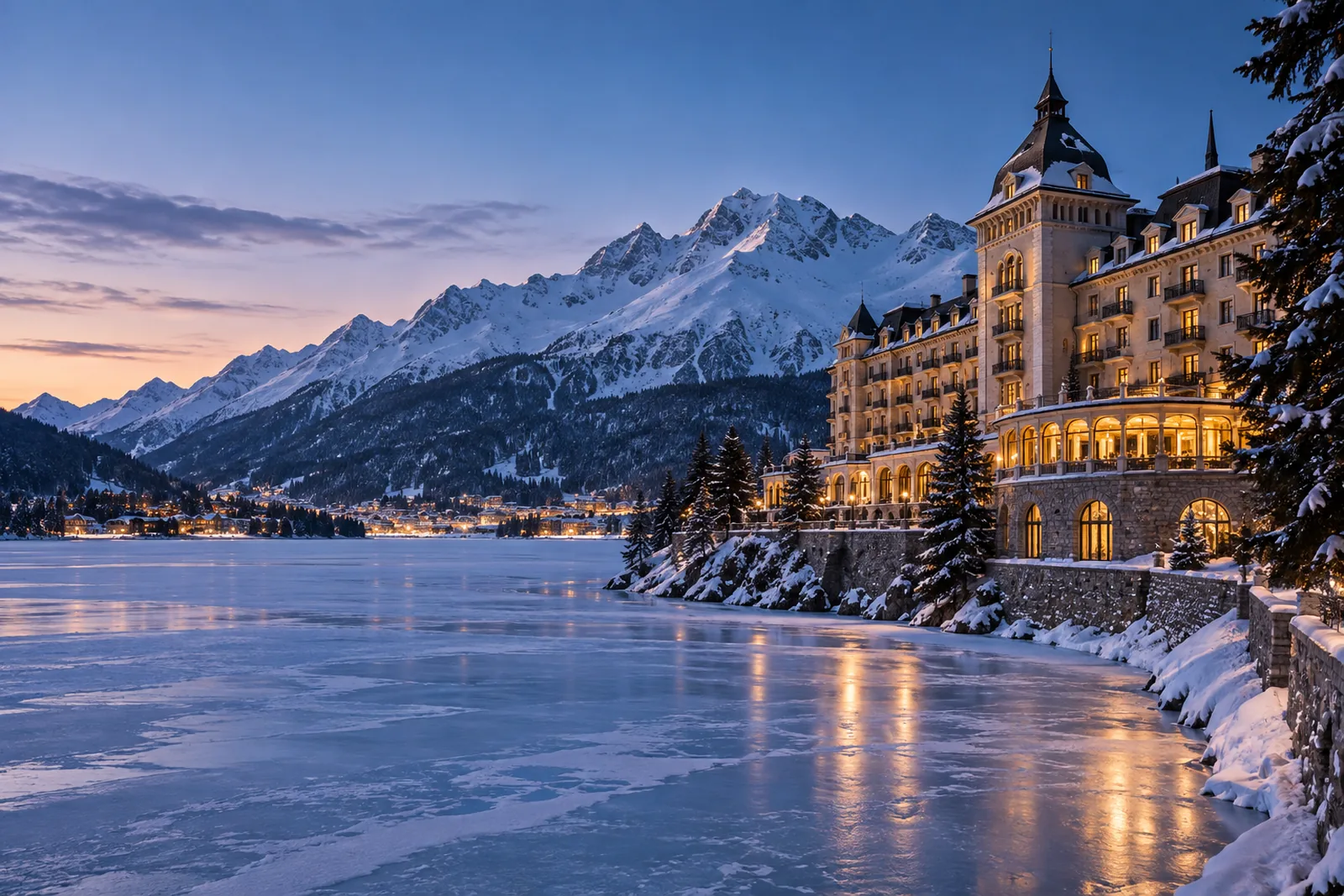 Turmfassade von Badrutt's Palace Hotel in St. Moritz vor dem zugefrorenen St. Moritzersee