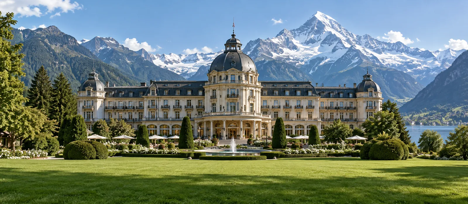 Kuppelbekrönte Fassade des Victoria-Jungfrau Grand Hotels in Interlaken mit der Jungfrau im Hintergrund